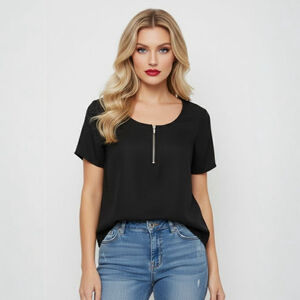 APT.9 Black XS Petite Short Sleeve Half-Zip Blouse